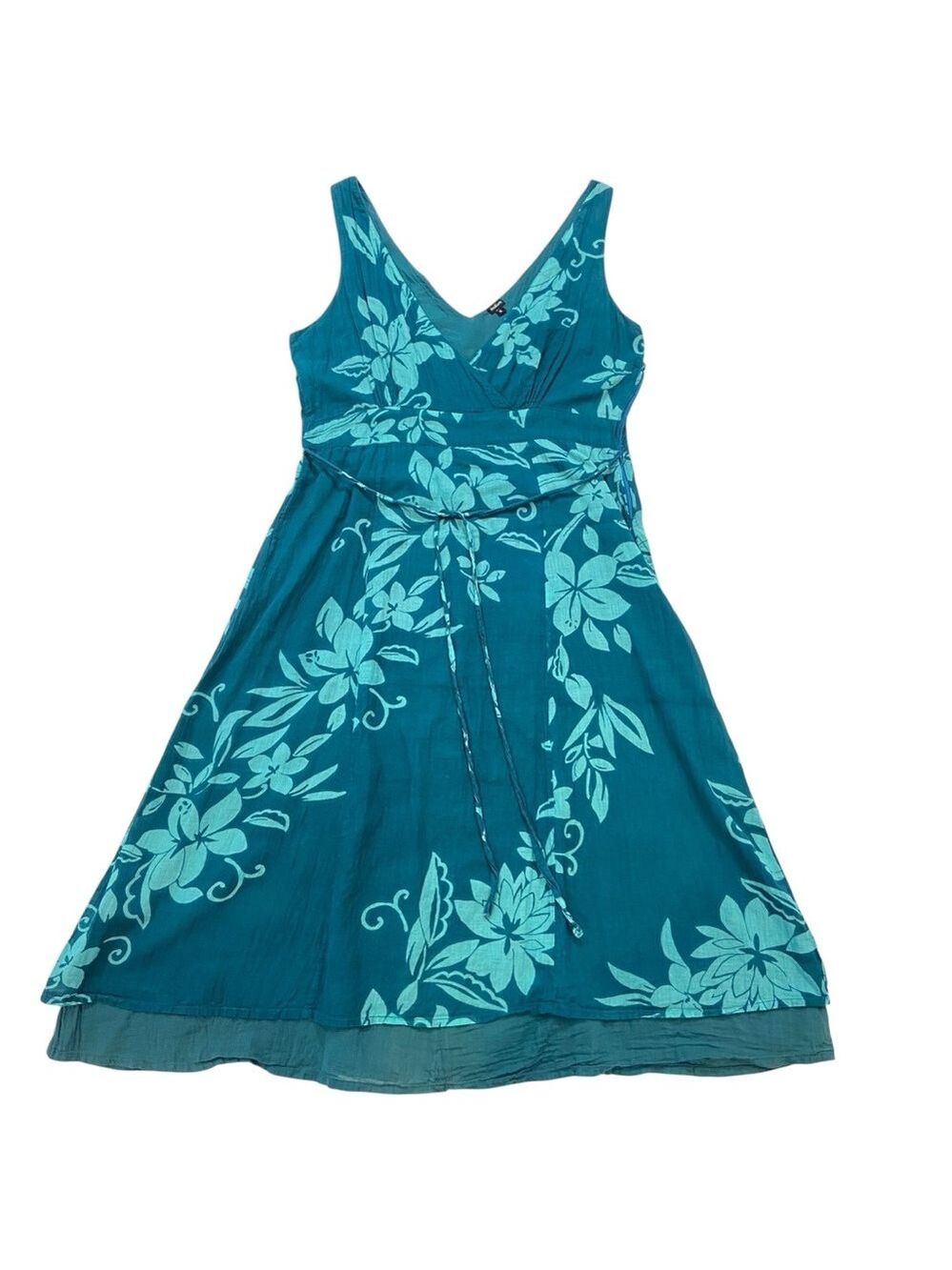 Natura sun dress 100% cotton floral pattern blue/green shades V neckline Medium